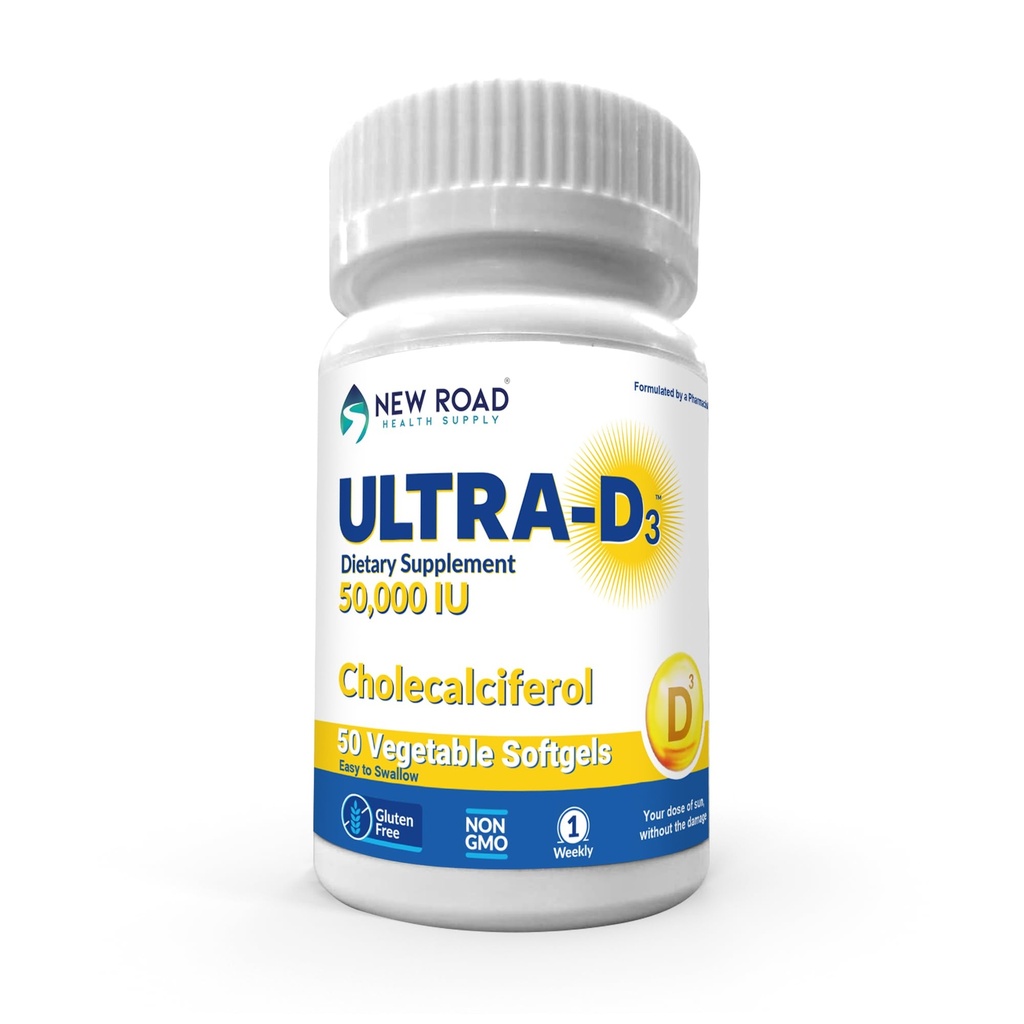 New Road Health Supply, Alta Potenza Vitamina D3 50.000 UI, Una volta-Weekly Softgel, Supporta Bone, Teeth & Immune Health, Easy-to-Swallow, Gluten-Free, 50 Conte
