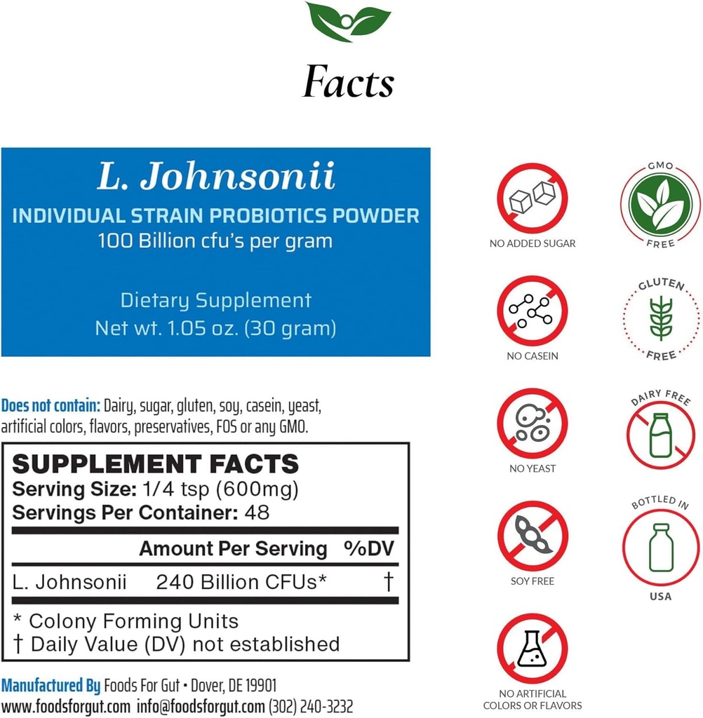 Alimenti per Gut Lactobacillus Johnsonii Probiotic Powder 100 Billion cfu's | No Additives | Diretto dal produttore | No Third-Party Storage | Supporto immunitario | L. Johnsonii | 30 Grammi (1.05 Oz)