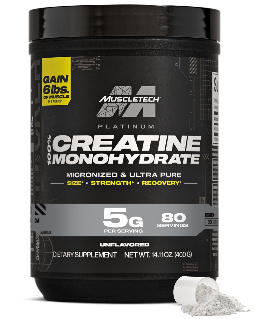 MuscleTech Creatina monoidrato polvere, Platinum Pure - Creatina micronizzata non aromatizzata per uomini e donne - Supplementi di allenamento per prestazioni, recupero del muscolo & Builder-(80 Servings) Packaging May Vary