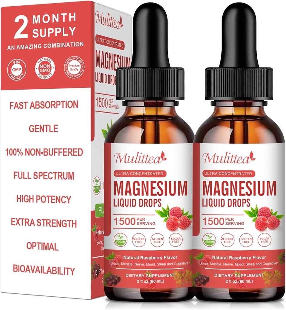 (2 Confezione) Magnesio Glycinate Gocce Liquide w/ 1500mg Magnesio Glycinate, Taurate, Malate, Citrato, Calcio Plus Potassium per Nerve, Bone, Heart Health & Energy Zzz - Alto assorbimento-raffro