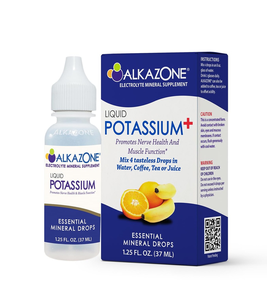 ALKAZONE Liquid Potassium+ | Supplementi liquidi hanno un tasso di assorbimento più veloce | Concentrato | Modo più semplice per prendere Potassium | Gustoless Flavorless | 1.25 Oz, Libero, Confezione da 1