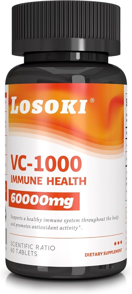 Losoki VC 1000 - Integratori ad alta densità di vitamina C per il supporto immunitario e la protezione antiossidante - Formula tamponata con polvere di HIPS Rose - 60 Tablet