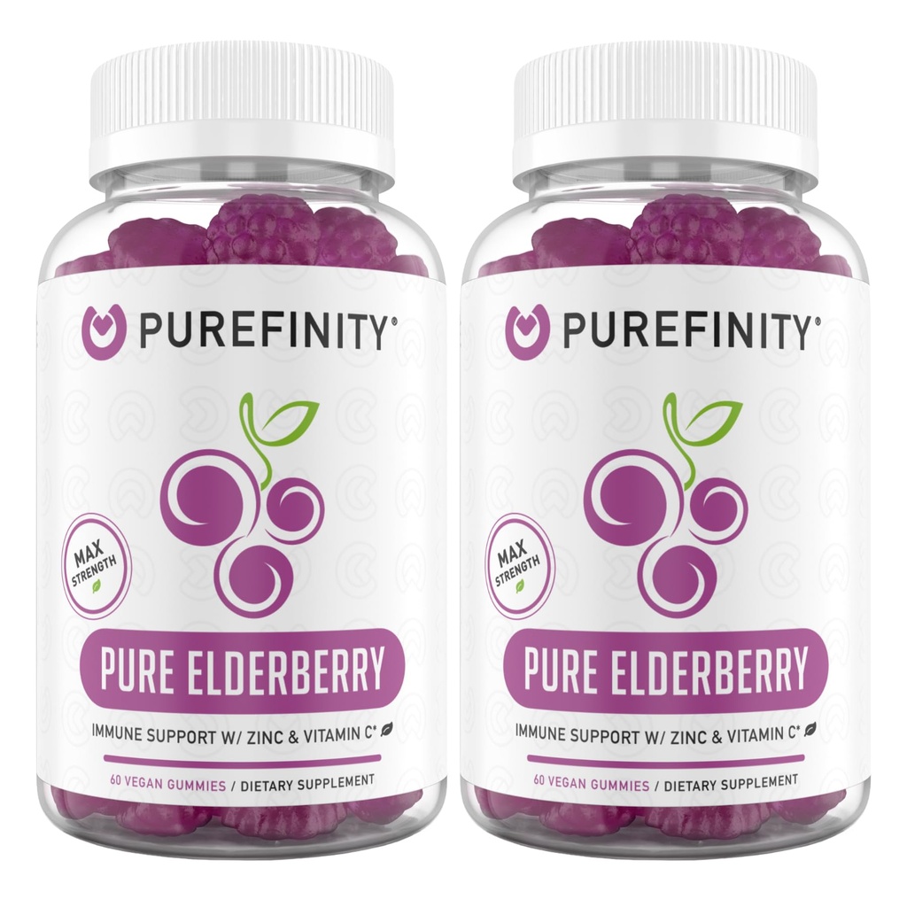 PUREFINITY Elderberry Gummies con Sambucus, Vitamina C e Zinco – Il tuo perfetto supplemento giornaliero di 3 in-1 per bambini e adulti – senza glutine, non OGM, Vegan, 60 conte (Pack of 2)