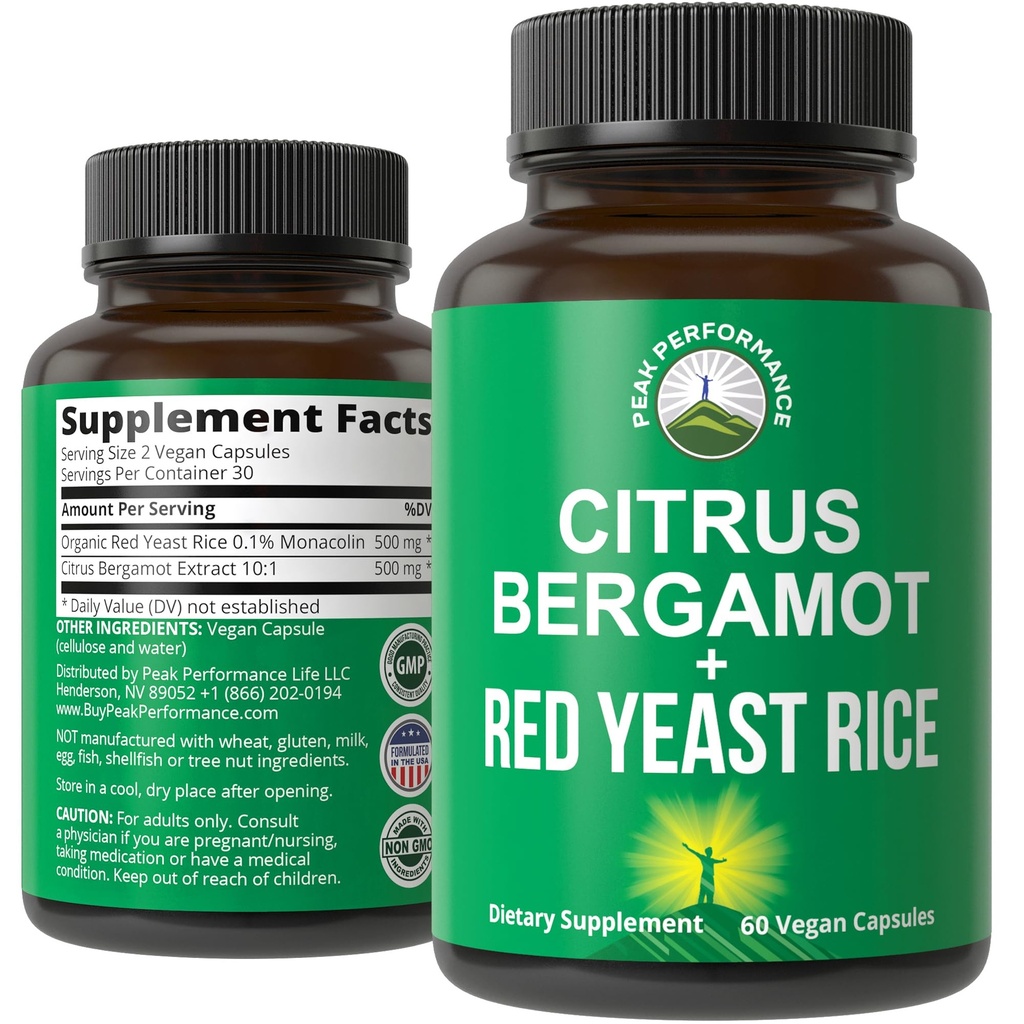 Citrus Bergamot + Riso di lievito rosso. Supplemento 2-in-1. Estratto bergamasco ad alta resistenza 10:1. Senza glutine, Zucchero Zero, Capsule Vegan