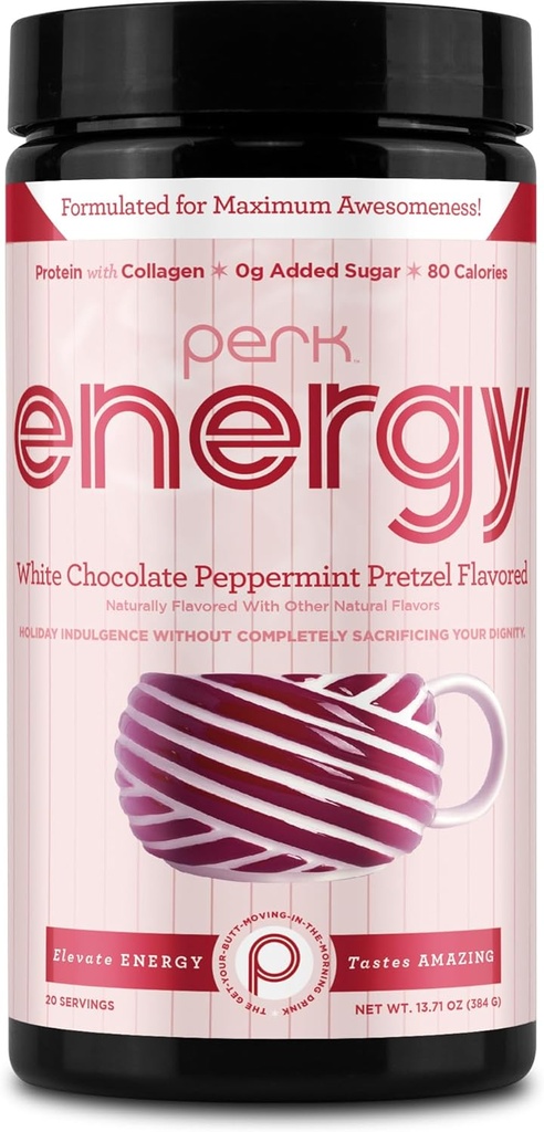 Perk Energy Original White Chocolate Peppermint Pretzel Drink Mix (20 Serve) - Gluten Free, Soy Free, Peanut Free