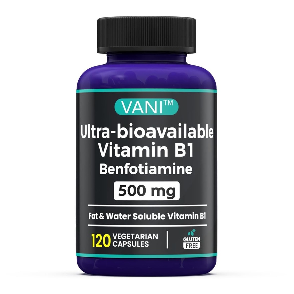 VANI 500MG Benfotiamine con B1, 5X tempo grasso & acqua solubile Thiamine B1 supplemento – Terze Parti testato, No Gluten (120 capsule)