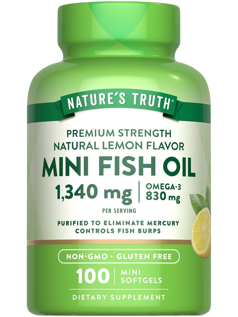 Nature's Truth Mini Fish Oil Omega 3 | 1340 mg | 100 Softgels | Burpless Lemon Flavor | Non-GMO & Gluten