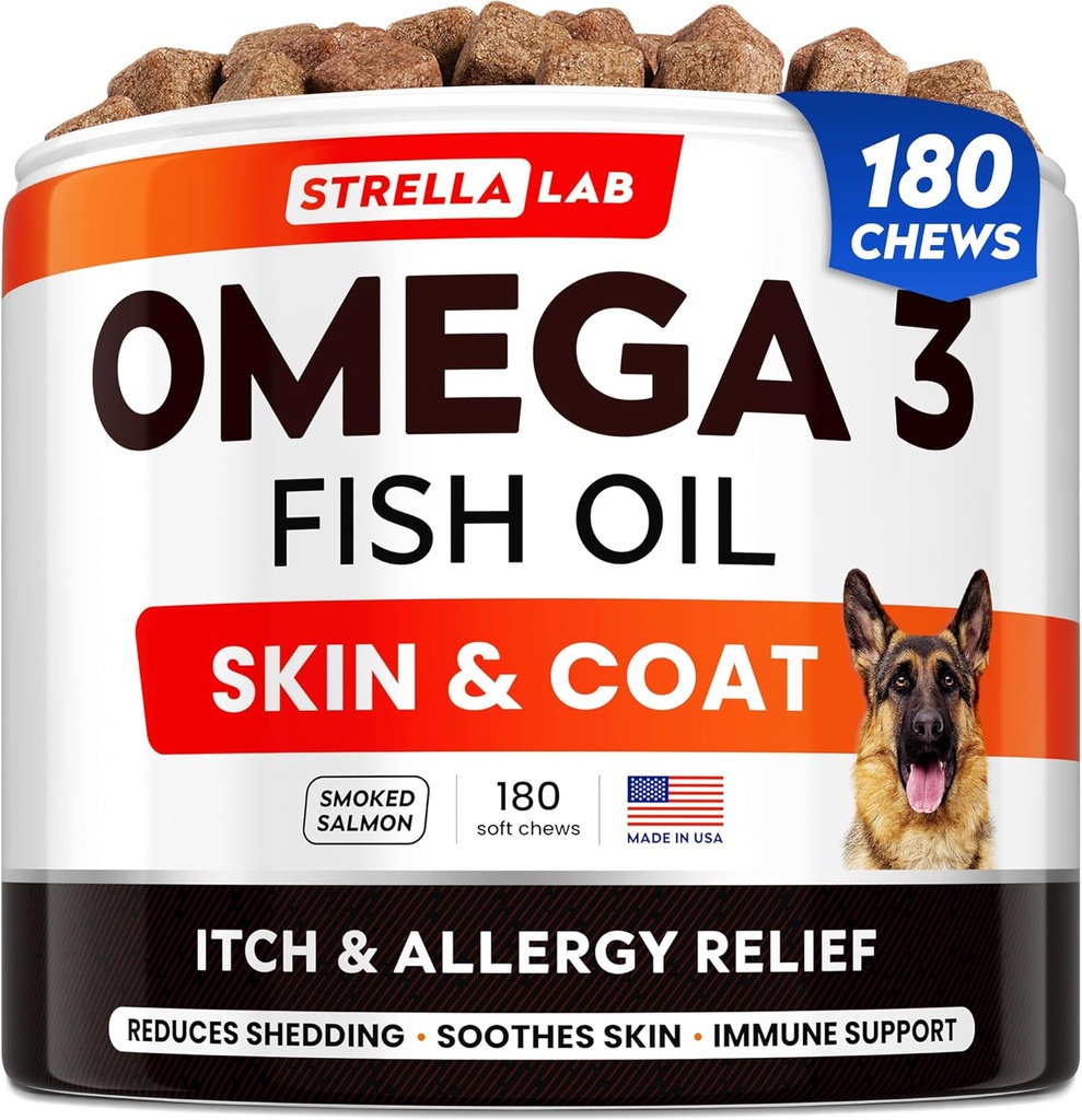 StrellaLab Omega 3 per cani - (180Ct) Trattamenti di olio di pesce - Allergy & Itch Relief Skin & Coat Supplement - pelle di prurito secca, Anti Shedding & Hot Spots Trattamento - Pet Salmon olio Chews - aroma di salmone affumicato