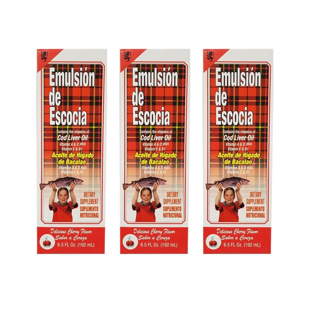 Emulsion de Escocia Cod Liver Oil Integratore alimentare. Ricco di vitamine A, D, E e B1. Cherry Flavoured. 6.5 Fl Oz / 192 mL. Confezione da 3