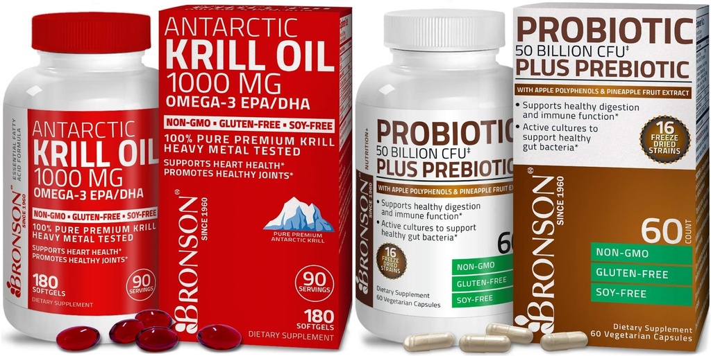 Bronson Probiotic 50 miliardi di CFU + Prebiotico con mela polifenoli & Ananas Frutta Extrac Antartico Krill olio 1000 mg con Omega-3s EPA DHA