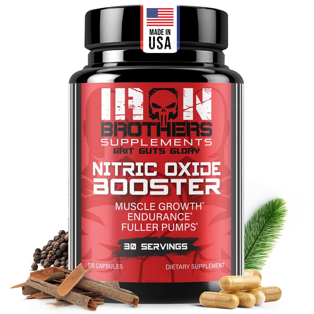 Iron Brothers Supplements Nitric Oxide Booster | Extra Strength Pumps Supplements | Pre-Workout con L-Arginina | Massimo flusso sanguigno e vascolarità | Aumentare pompe muscolari, energia e resistenza - 30 giorni