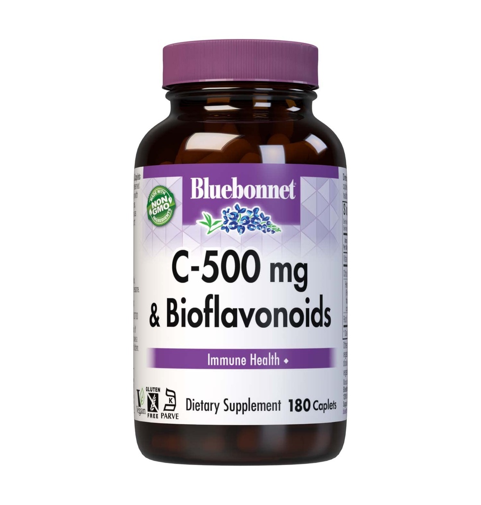 Bluebonnet Nutrition C-500 mg Plus Bioflavonoids Caplets, Vitamina C 500 mg, Citrus Bioflavonoids 250 mg, per la salute immunitaria, Soy Free, Gluten Free, Non-GMO, Kosher, Dairy Free, Vegan, 180 Caplets