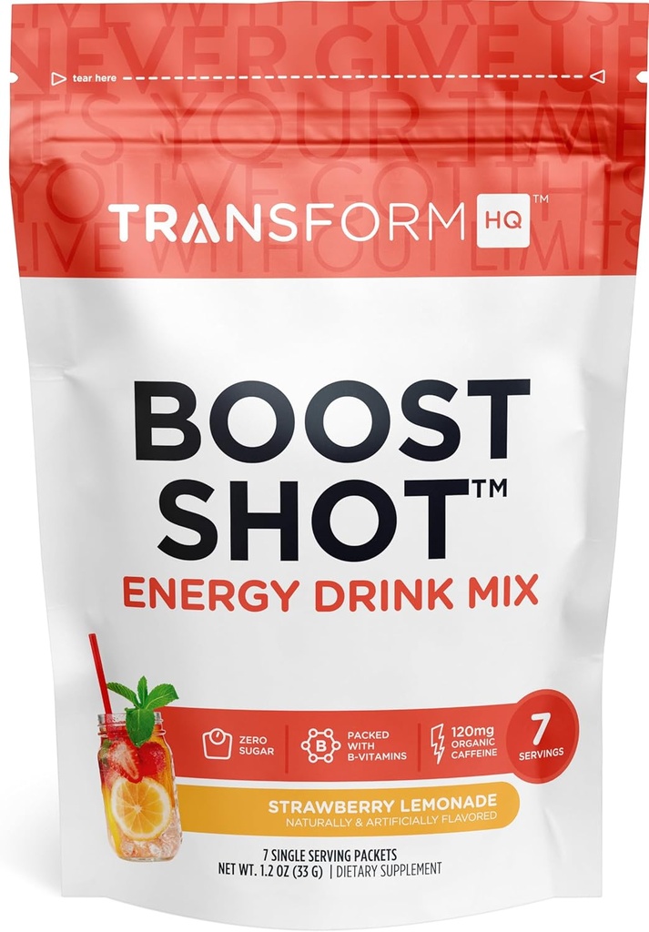 TransformHQ Boost polvere bere Stick Packets, fragola Lemonade, 7 Pack, integratori energetici per le donne e gli uomini, con caffeina, vitamina B12, B9, B6 & B3