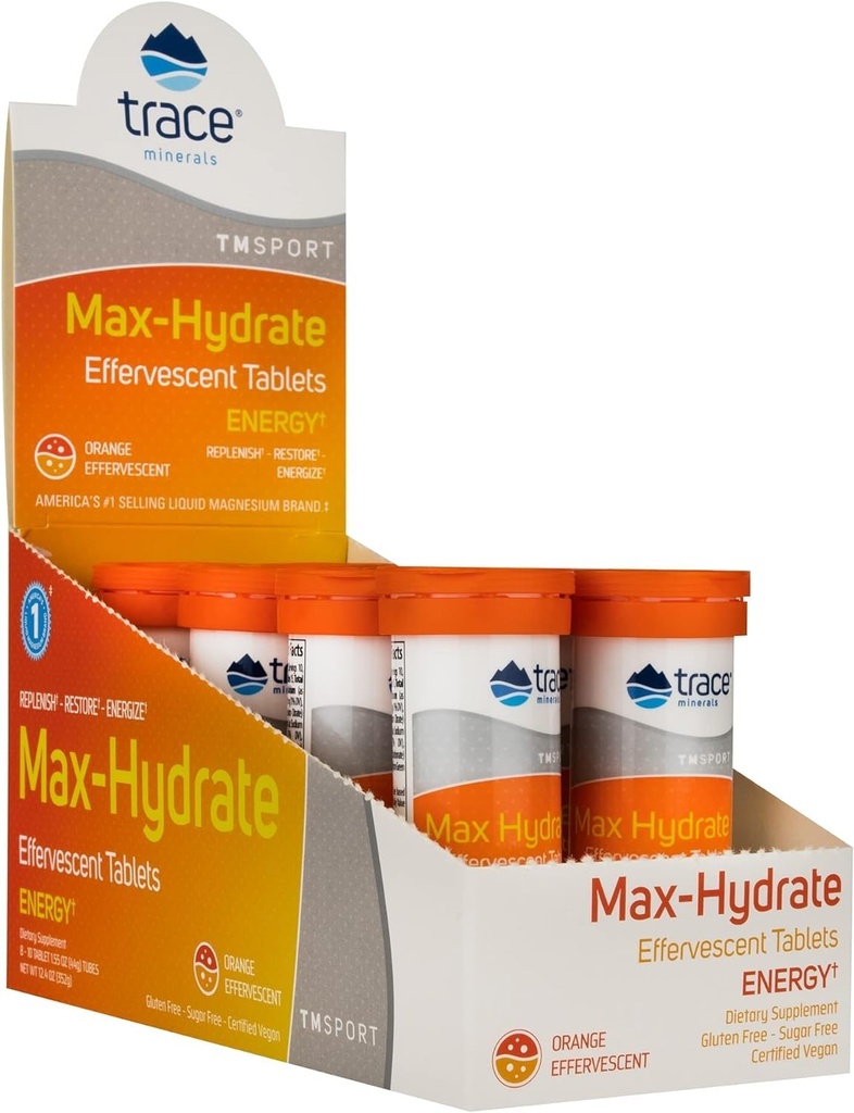 Minerali di Trace Max-Hydrate Endurance - Supplemento di supporto all'energia quotidiana - Supplemento elettrolita agli aiuti contro le gomme muscolari - Supplemento all'idratazione di supporto - Arancione, 10 schede (80 Serve)