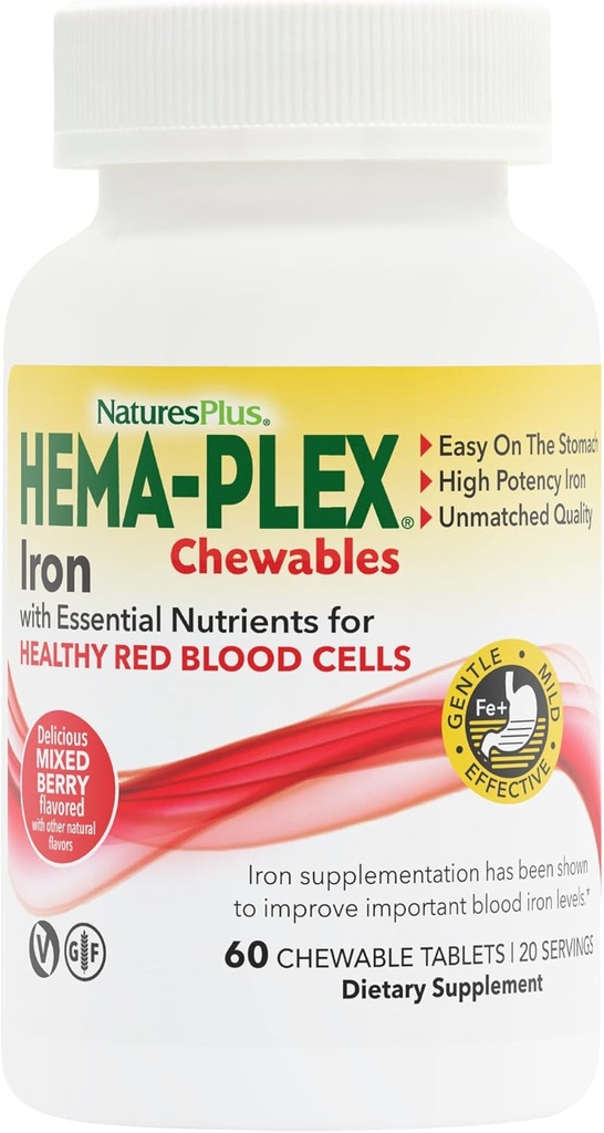Natures Plus Hema-Plex Iron - 60 Masticaggi a bacca mista - 85 mg Ferro Elementale - Totale Sangue - con Vitamina C & Bioflavonoidi - Non OGM, Vegan & Gluten Free - 20 Serve