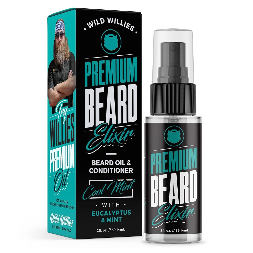 Wild Willies Premium Beard olio & Condizionatore Naturale, Ingredienti organici Promuovere la crescita rapida del cuscinetto, Rimuove Itch & Dandruff - Deep Softener Trattamento Restores Moisture - 2 Oz, Cool Mint Scent