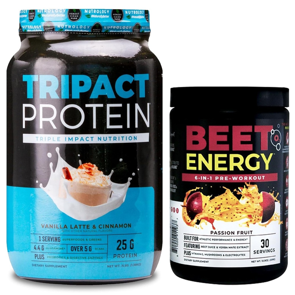 Nutrologia TRIPACT Protein Powder, 7-in-1 Meal Sostituzione Shake, Vanilla Latte Cinnamon Flavor (40 Serve) Beet Natural O2, Pre Workout Powder, Frutta Passione Flavor (30 Serve)