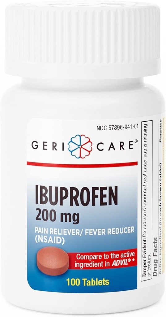 GeriCare Ibuprofen 200mg Riducente di dolore e Riduttore di febbre – Compresse per mal di testa, raffreddori, denti e dolori articolari 100 Conteggio (Pacchetto di 1)