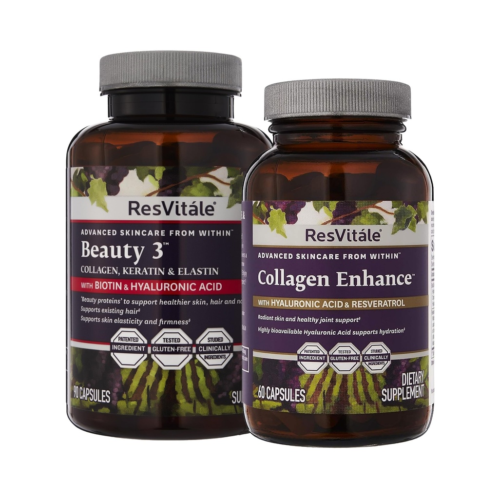 ResVitale Beauty 3 - Integratore per la cura della pelle con collagene, Keratin & Elastin - 90 capsule & Collagen Enhance - Integratore di bellezza con acido ialuronico & Resveratrolo - 60 capsule