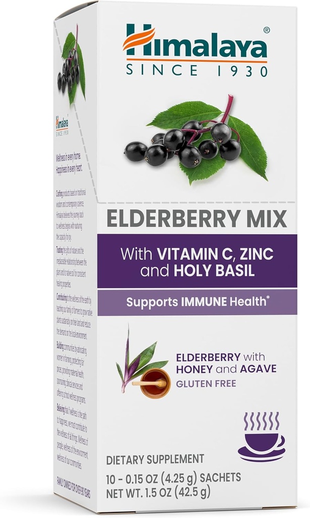Himalaya Elderberry Mix, Drink Mix Supplement, Supporto Immune con Elderberry, Zinco, Vitamina C e Sacro Basilio, Caffeina Free, 10-0.15 oz (4.3 g) Pacchetti, Facile da mescolare, Gluten Free