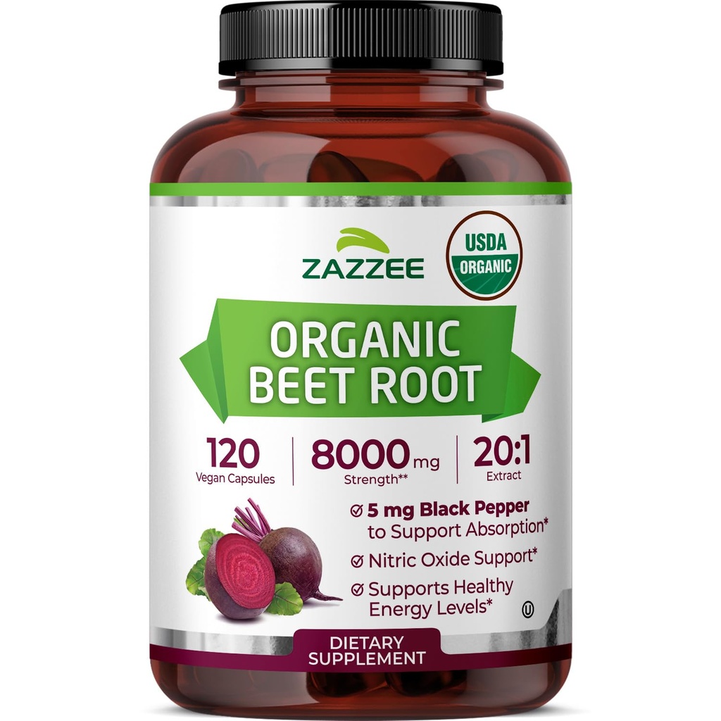 Zazzee USDA Organic Beet Root 8000 mg Resistenza 20:1 Estratto, 120 Vegan Quick Release Capsule, Black Pepper Extract for Enhanced Absorption, Supports Nitric Oxide Production, Non-GMO, Made in the USA