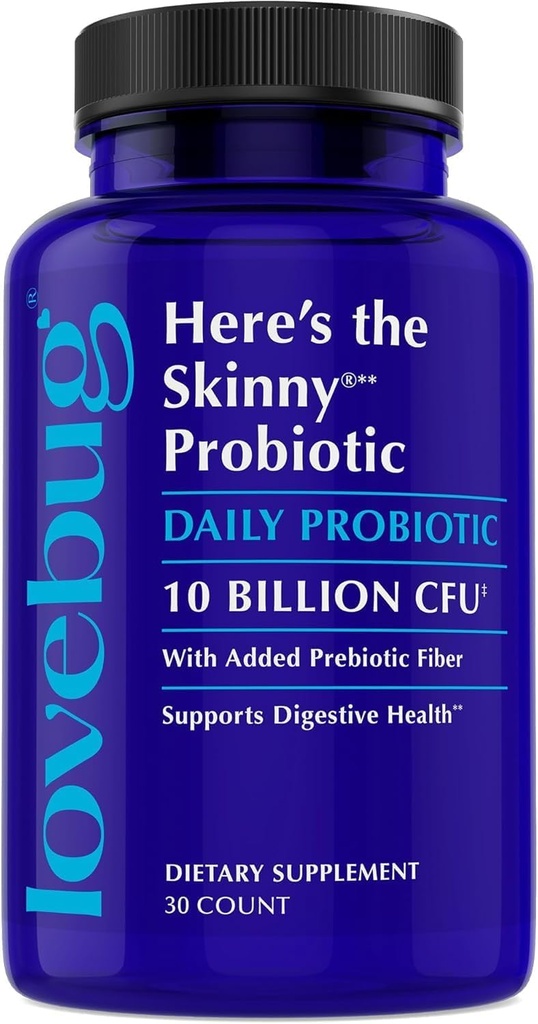LOVEBUG Skinny Prebiotici e Probiotici per la salute digestiva delle donne & supporto immunitario - 10 miliardi di CFU Probiotic Strains Gut Health, Gas, costipazione & Bloating, 30ct