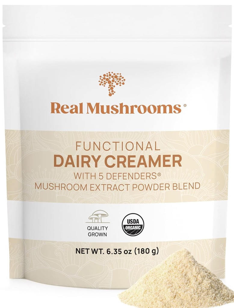 Real Mushrooms Crema per latticini funzionale con estratti di funghi – addolcito con polvere organica Lucuma & Maple – Crema organica funzionale – 90 Serve, Tea, Smoothie & Coffee Creamer Polvere