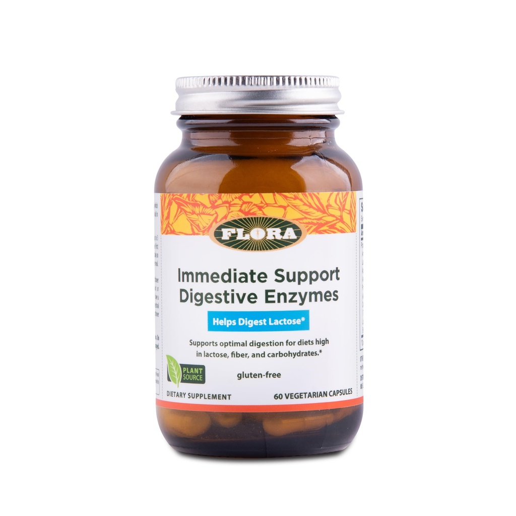 Flora - Supporto immediato Gli enzimi digestivi - Supporta la digestione del lattosio, Bloating, Heartburn & Gas - Contiene 7 enzimi - Gluten-Free - 60 capsule vegetariane
