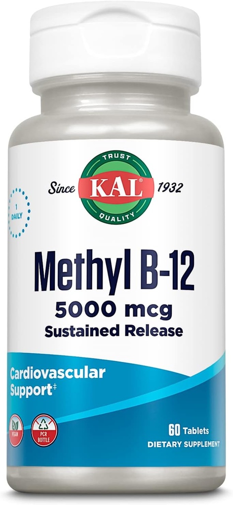 KAL Vitamina B12 Methylcobalamin 5000mcg, Energia sana, Metabolismo, Nerve & Red Blood Cell Support, * Fast Dissolve ActivMelts, Assorbimento ottimale, Natural Raspberry Flavor, 90 Servings, 90 Micro Tabs