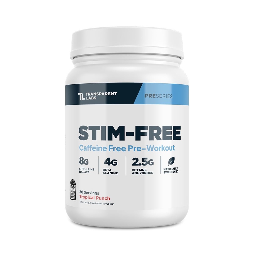 Trasparente Labs Stim-Free Pre-Workout - Caffeina & Stim polvere di pre allenamento gratuita per uomini e donne con Beta Alanine Powder, Citrulline Malate, & elevATP - 30 Serve, Punch tropicale