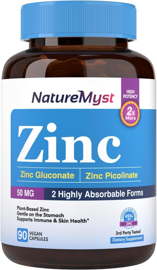 Zinco, Gluconato di zinco altamente assorbibile & Zinco Picolinato, 50 mg di zinco elementare, Gentle su Lo Stomach, Immune, Cell & Skin Health, 90 Caps Vegan