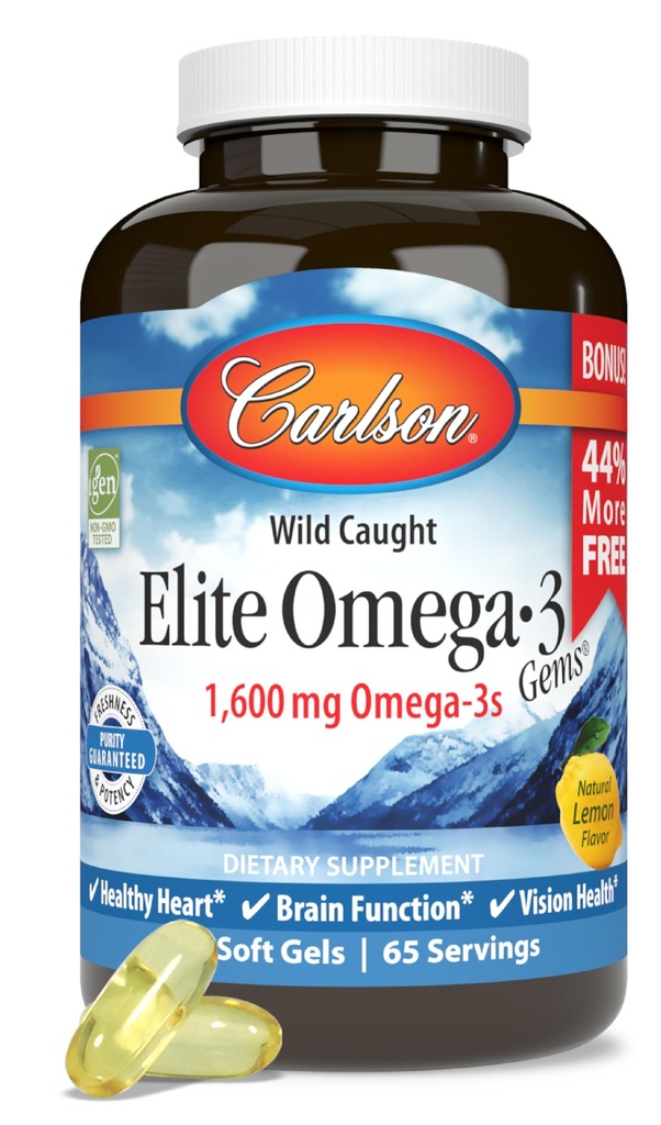 Carlson - Elite Omega-3 Gems, 1600 mg Omega-3 acidi grassi compresi EPA e DHA, Norvegese, Wild-Caught Fish Oil Supplement, Sostenibilmente Source Omega 3 Fish Oil Capsules, Lemon, 130 Softgels