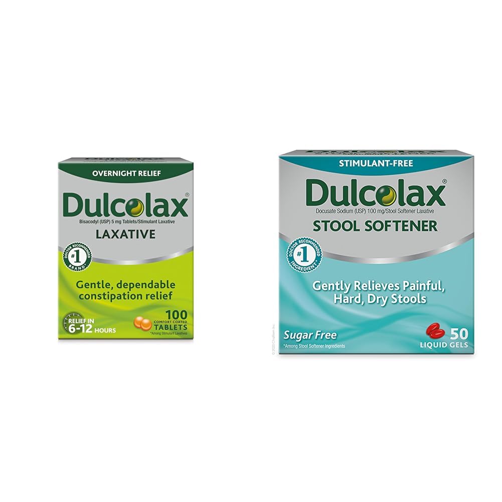 Dulcolax Stimulant Laxative Tablets (100 Conte) Gentle Overnight Constipation Relief, Bisacodyl 5mg & Stool Softener Laxative Liquid Gel Capsules (50ct) Gentle Relief, Docusate Sodium 100mg