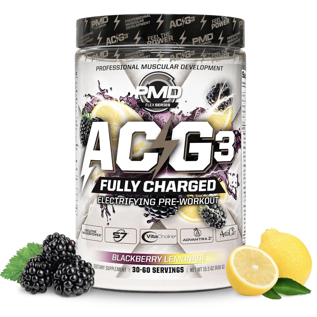 PMD Sports ACG3 completamente ricaricato - Elettrizzante polvere pre allenamento - Alta energia e pompa pre allenamento per gli uomini e le donne per massimizzare messa a fuoco, resistenza e prestazioni - BlackBerry Lemonade (30-60 Serve)