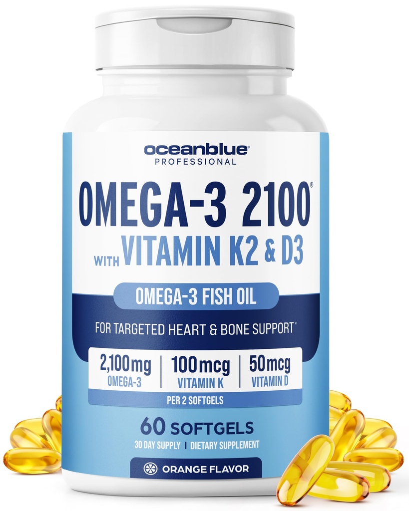 Oceanblue Professional Omega-3 2100 con vitamina K2 e vitamina D3-60 Count - Tripla resistenza Burpless Fish Oil Omega-3 Supplemento con EPA, DHA & DPA - Wild Caught - Arancione Flavor, 30 Serve