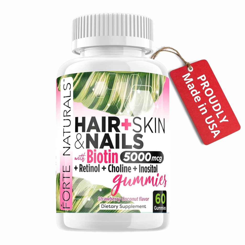 Crescita dei capelli Biotin Gummies per le donne, Hair Skin & Nails Vitamins, 5000mcg Biotin, Made in USA, Iodio per il fungo delle unghie, Integratori Choline Inositol, Biotina Gomitas para el Cabello