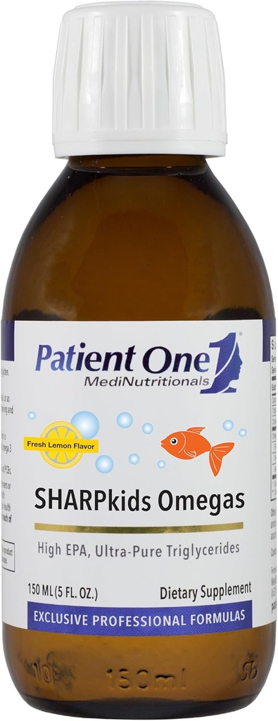 Un paziente SHARPkids Omegas Liquid | Supplemento al cuore di supporto, cervello e salute comune* | Olio di pesce Omega-3 ad alta potenza | Limone Flavor | 5 fl oz