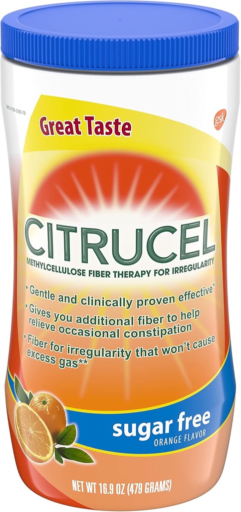 Polvere di fibra senza zucchero Citrucel per il sollievo di costipazione occasionale, polvere di fibra di metilcellulosa, aroma d'arancia - 16.9 once