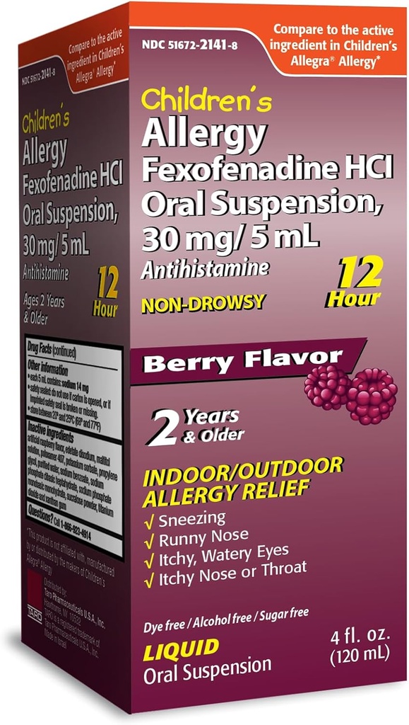 Rilievo allergia 12HR di TARO per bambini Liquido antistaminico antidrowsy, Sapore di bacche, Alcol-Free, Senza Dye-Free & Sugar, Fexofenadine HCl (4 oz)
