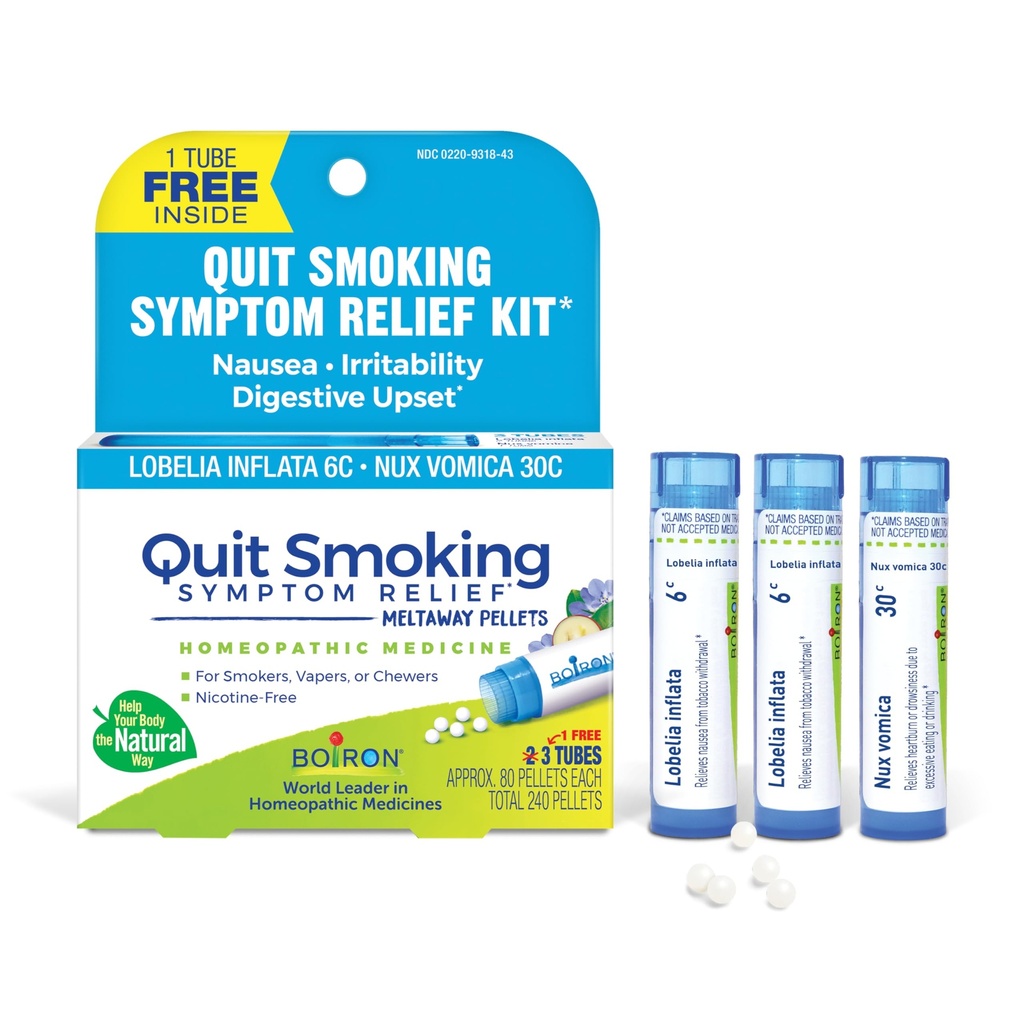 Kit di sollievo dal fumo di Boiron Quit per i sintomi della nicotina da fumo, vaping o chewing – Nausea, irritabilità, & Upset Stomach – Non-Drowsy & Nicotine-Free – 3 Count (240 Pellets)