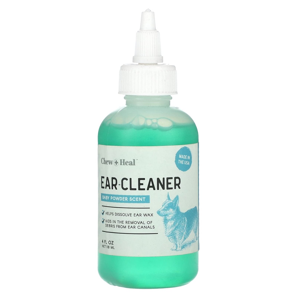 Chew + Heal Dog Ear Cleaner Solution | 4 oz Dropper | Pet Ear Wash per cani e gatti per prevenire le infezioni e rimuovere la cera | Aloe rilassante, Witch Hazel & Tea Tree Oil | Gentle, Vet-Approved Formula