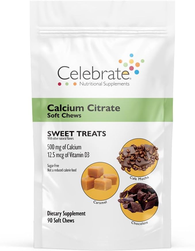 Celebrare Vitamine Citrato Citrato Citrato Citrato Soft Chews con Vitamina D3, 500mg, Citrato di Calcio Senza Zucchero & Gluten-Free per Pazienti Bariatrici, Dolce Trattamenti, 90 Conte