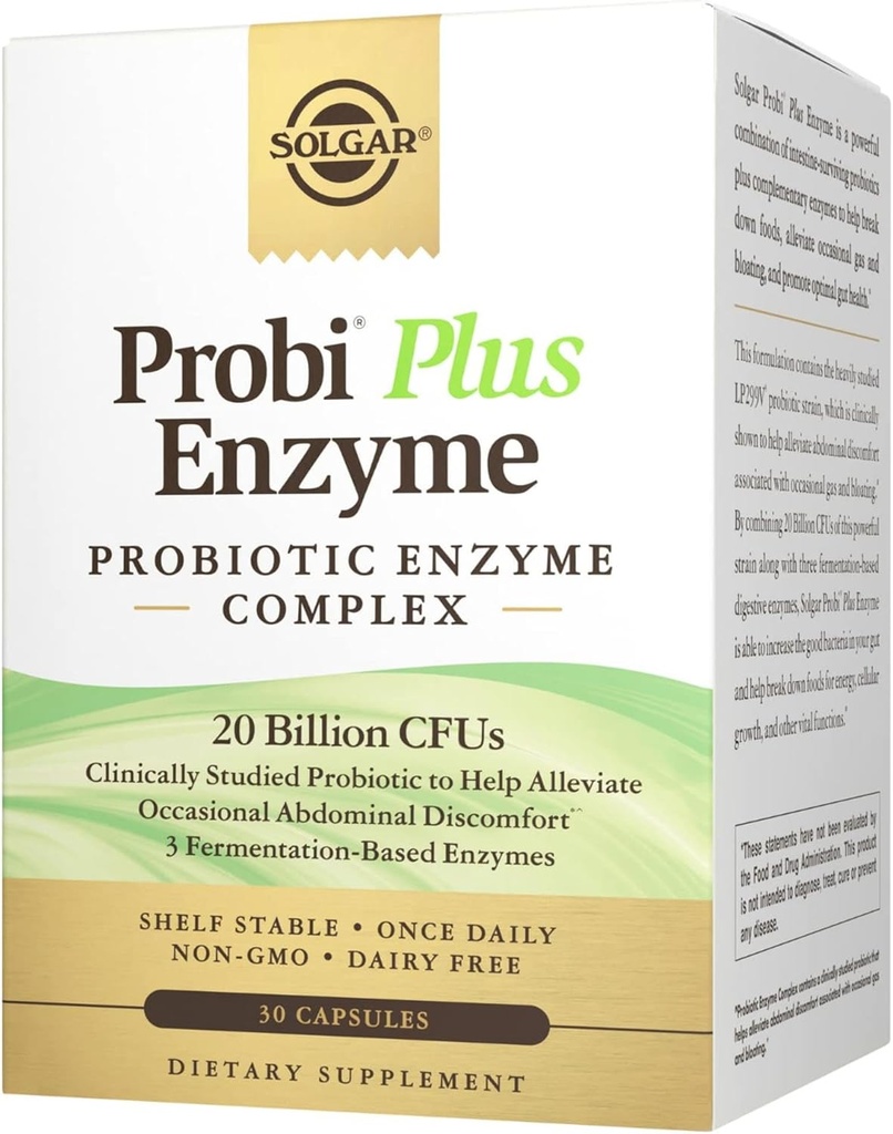 Solgar Probi Plus Enzyme Complex, 30 Capsule - 20 miliardi CFU Probiotic Plus Enzimi - Una volta Quotidiano - Clinicamente-Studiato per Alleviare Gas & Bloating - Non-GMO & Dairy Free, 30 Serve