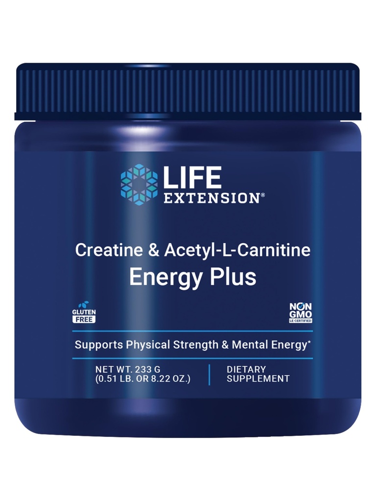 Estensione della vita Creatina Acetil-L-Carnitina Energy Plus, Energy Support Supplement, creatina monoidrato, Acetil-L-carnitina, Senza glutine, Non OGM, Vegetariano, 30 Serve
