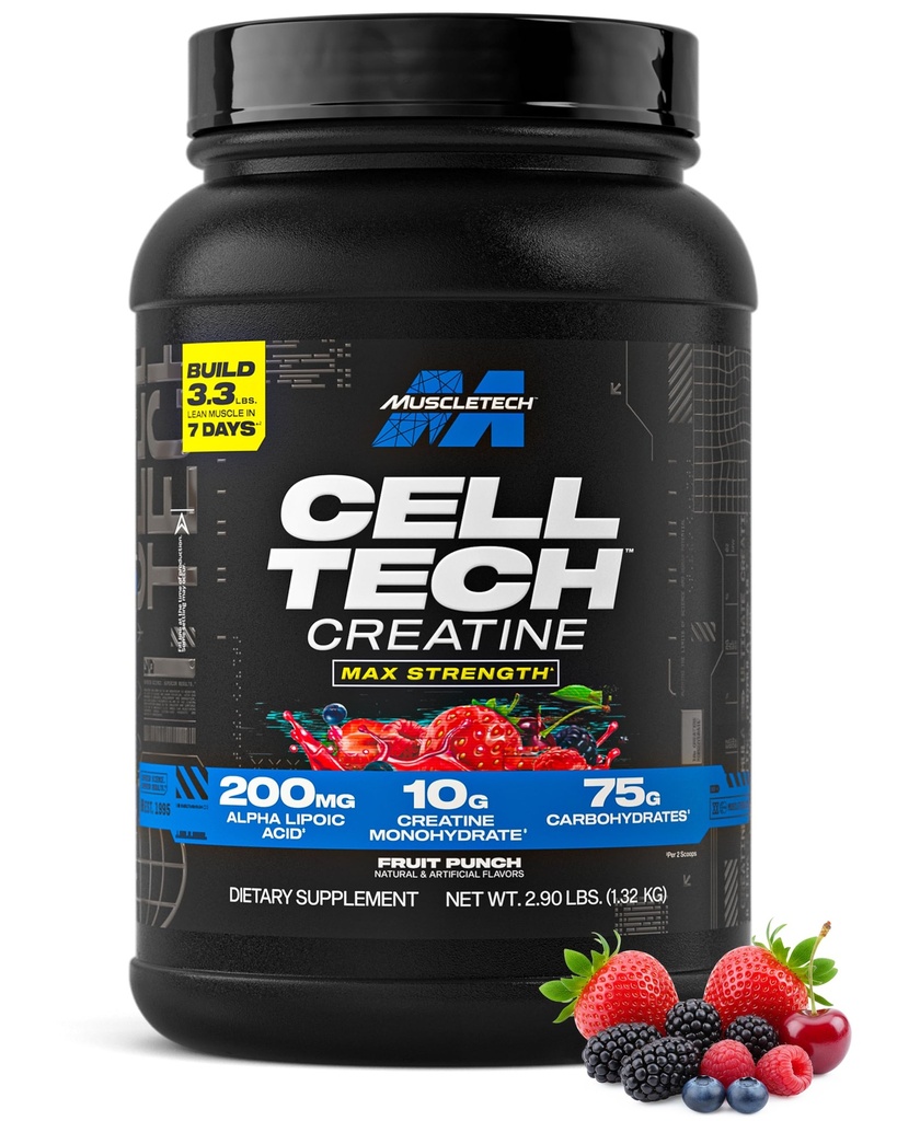 MuscleTech Creatina Monoidrato Polvere Cell-Tech Creatina Post Workout Recovery Drink Muscle Builder per la costruzione del muscolo di uomini e donne Integratori di frutta Punch, 3 lbs (27 Serv)