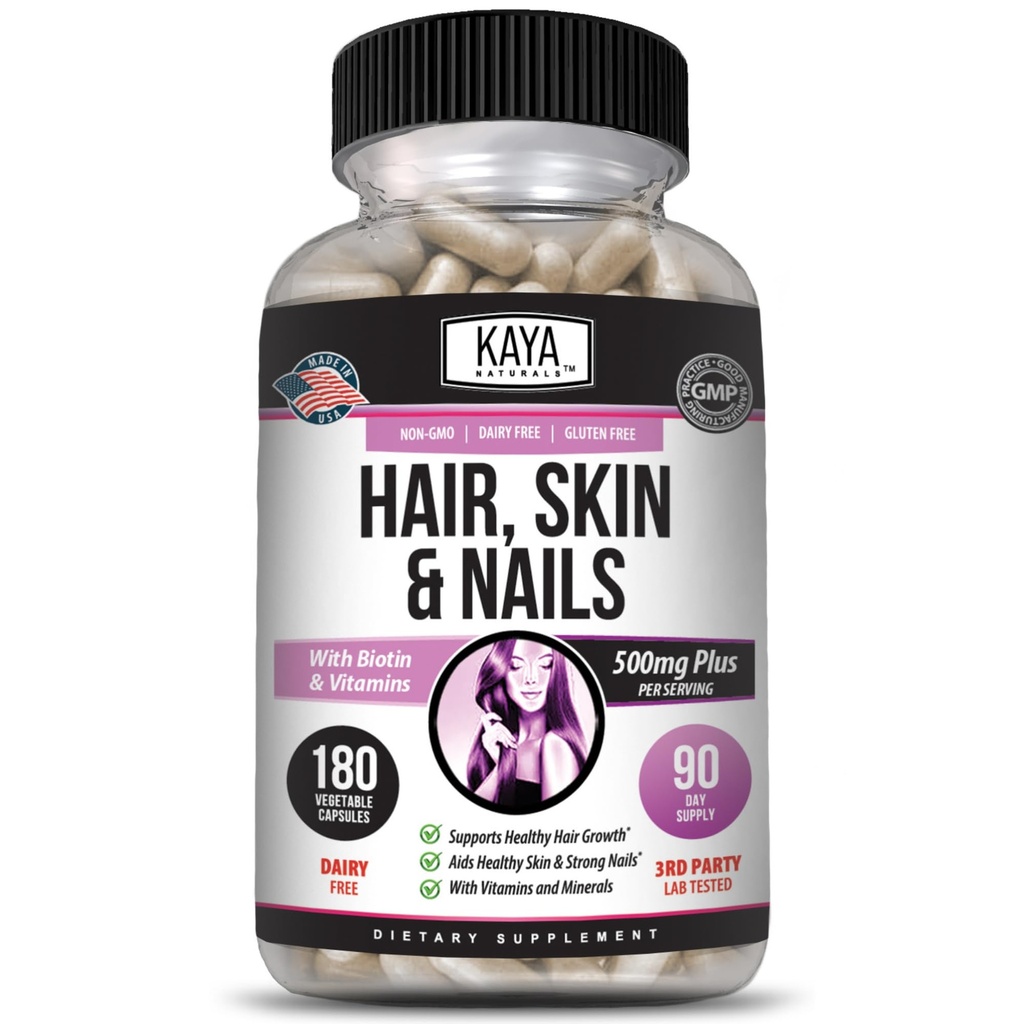 Kaya Naturals Capsula per capelli BIOTIN Vitamina D Vitamina B-12 A Acido Folico Supporto per capelli Vitamina Supplemento - 180 Conte