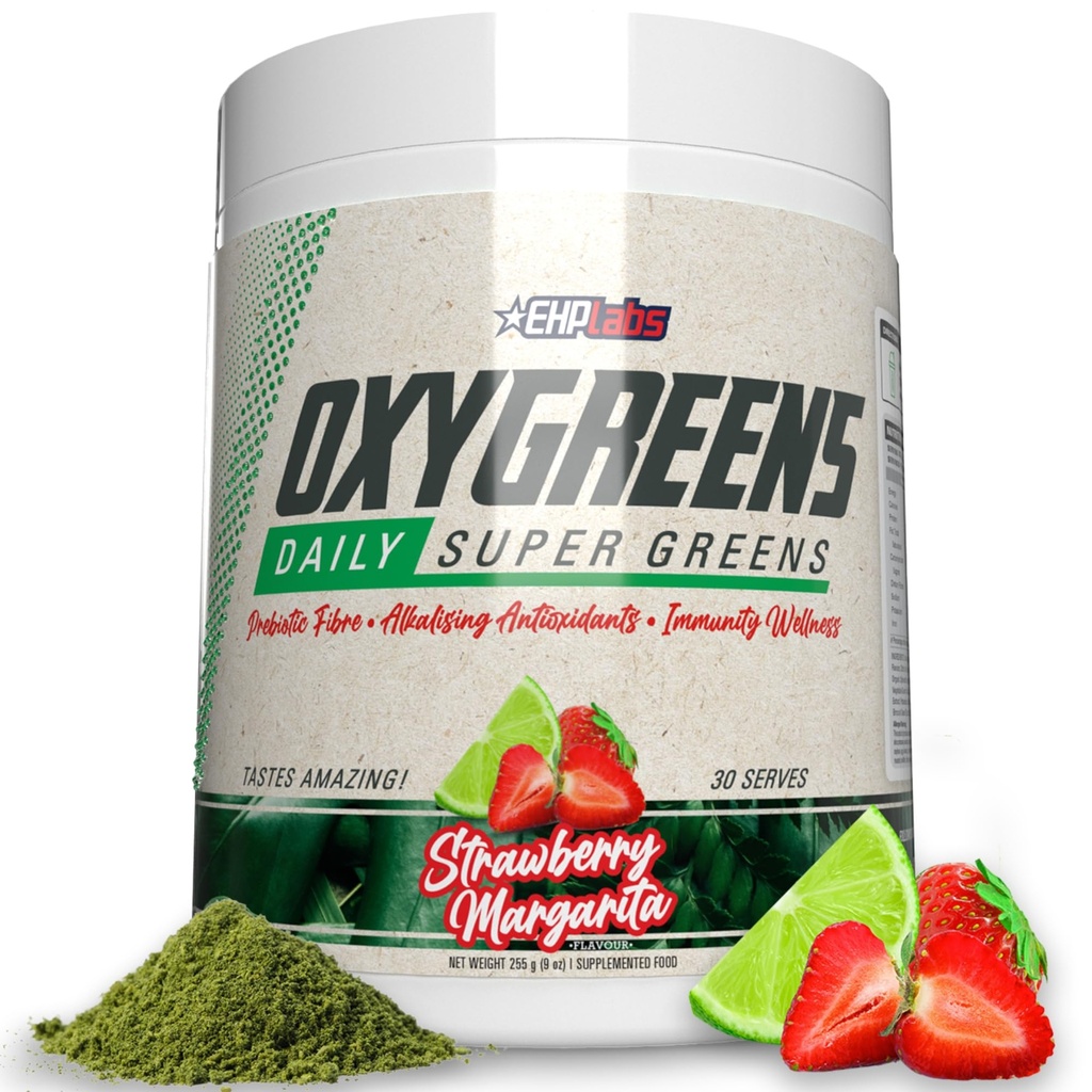 EHP Labs OxyGreens Super Greens Powder - Spirulina & Chlorella Superfood, Polvere di succo verde & Greens Integratori con fibra prebiotica, Antiossidanti e supporto immunità, 30 Serve (Strawb. Margarita)