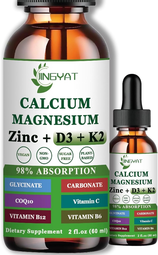 Calcio Magnesio Zinco Gocce Liquide, Magnesio Liquido Glycinate 500mg Calcium 1000mg con Vitamina D3,K2,B6,B12,Coq10 per Bone Forza, Funzione Muscolare,6X Più Forte Di Gummies Capsule