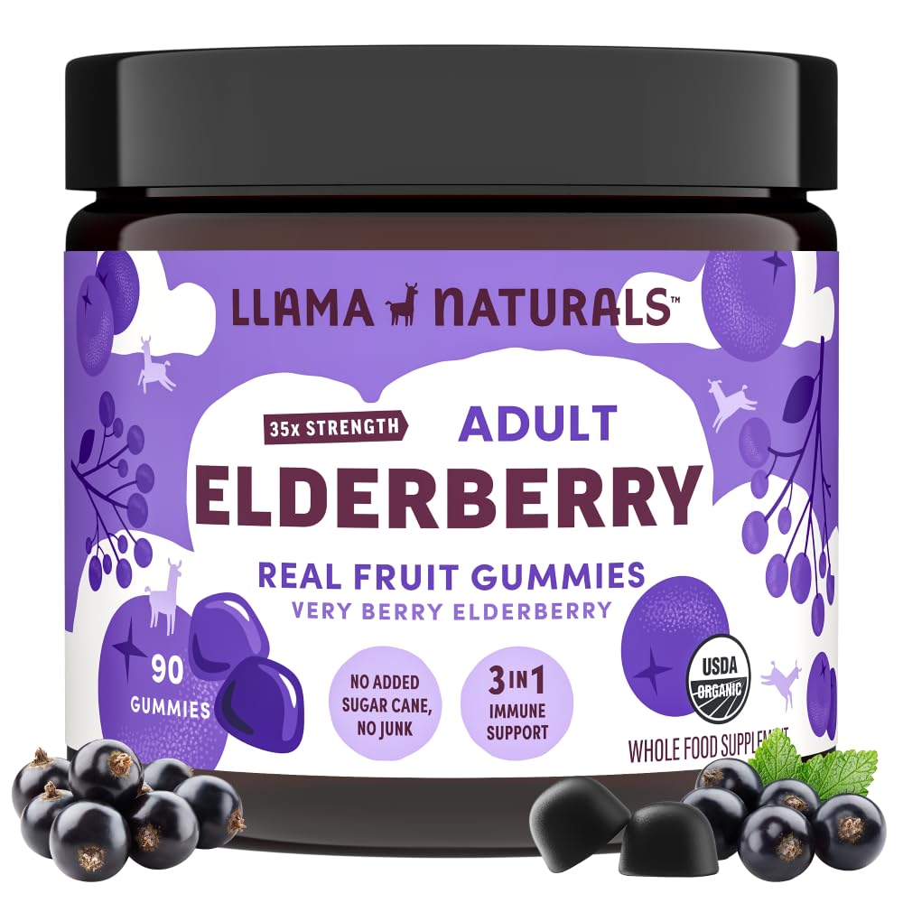 Llama Naturals Elderberry Gummies per adulti, Vegan, Organic Immune Support Supplemento con Vitamina C e Zinco, Vera Frutta Gummy Vitamine per Immunità, Chewable, Non Aggiunto Zucchero Canna, 90 Ct