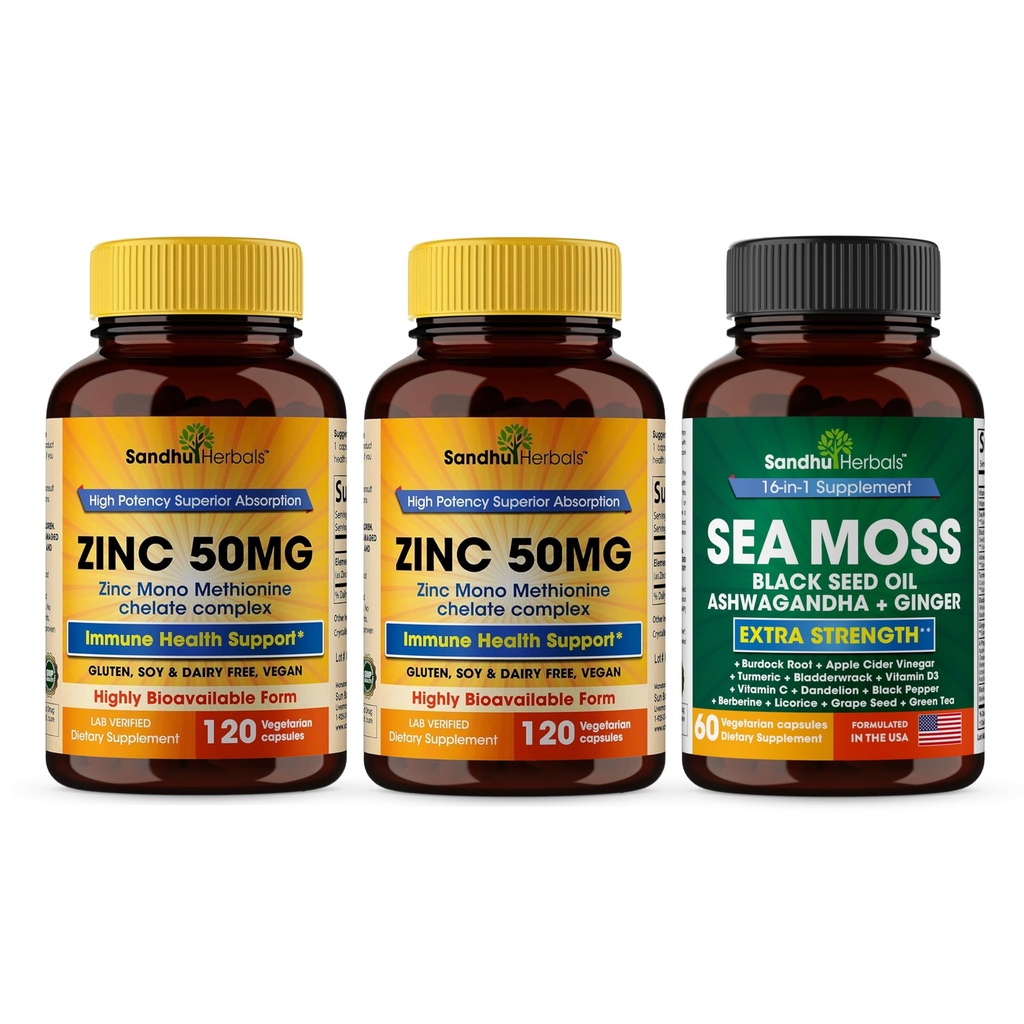 Sandhu Herbals Zinc 50mg & Sea Moss Black Seed Oil Ashwagandha Ginger Burdock Root Supplemento per gli uomini & donne| Made in USA